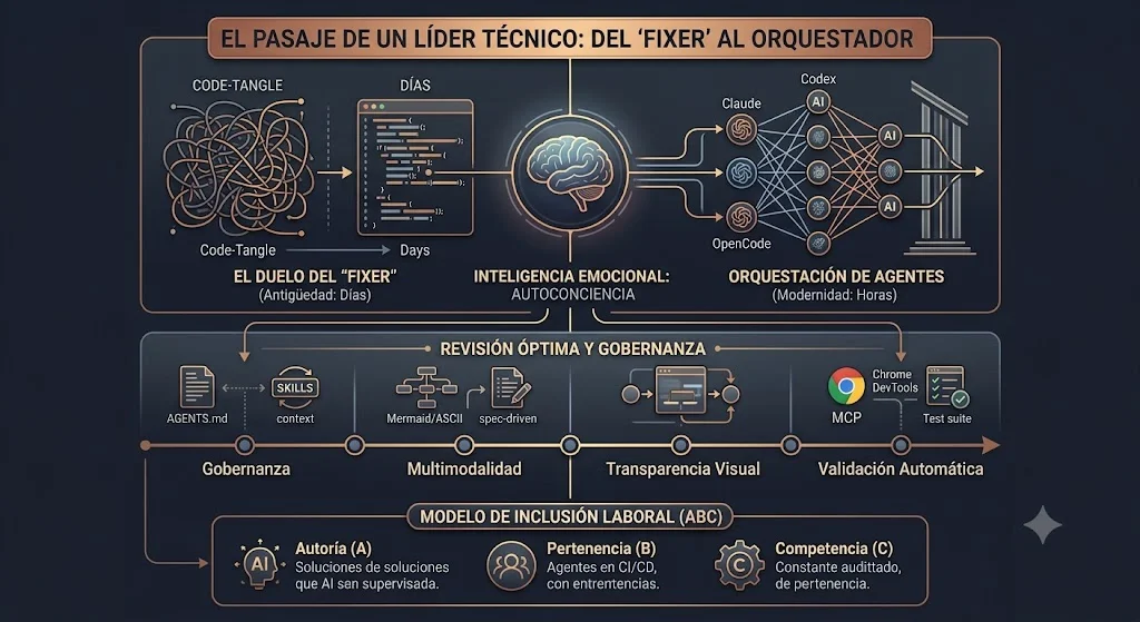 Agentes de IA trabajando en conjunto — orquestación vs escritura manual de código